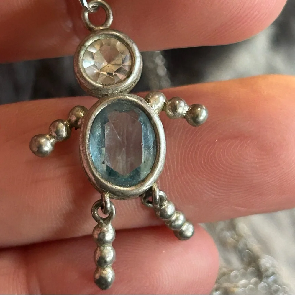 Vintage articulated leg crystal man pendant on chain necklace